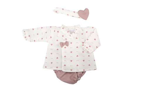 Vestido manga larga con pañal y listón Corazones 45 cm