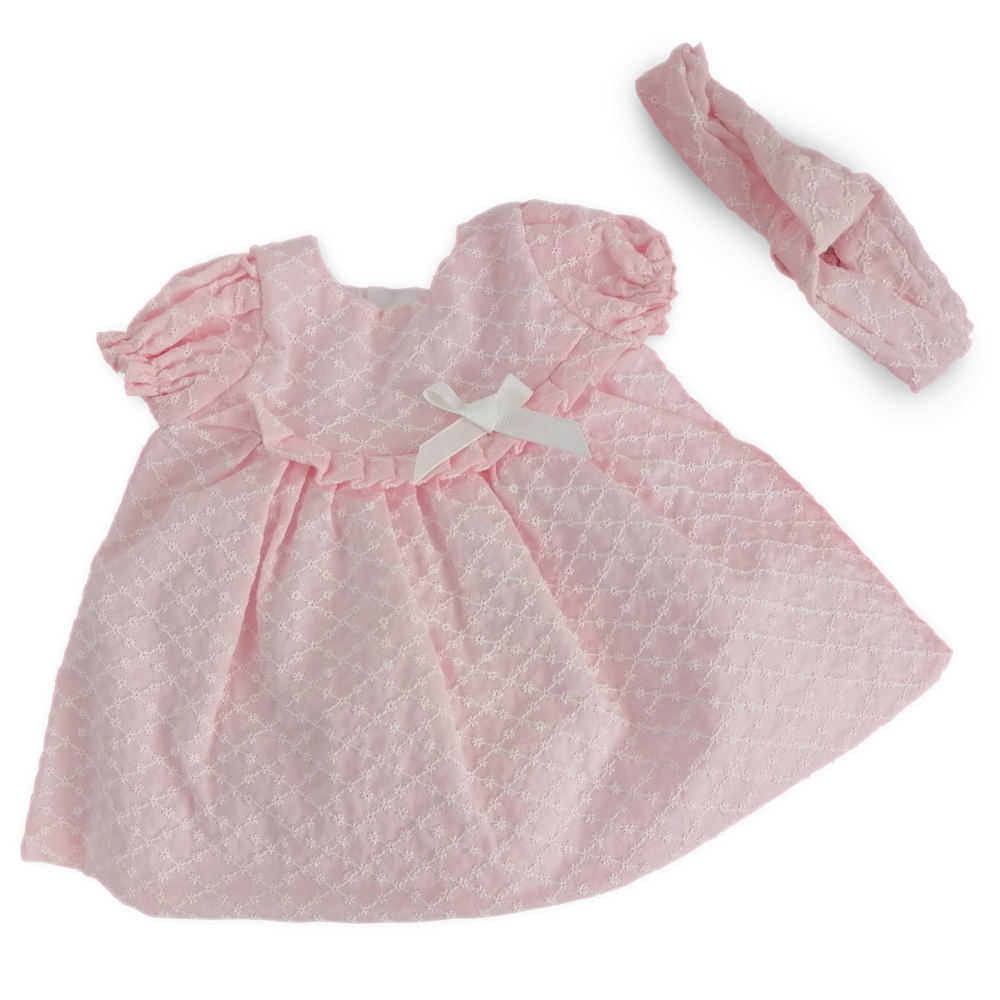 VESTIDO MANGA CORTA CON PAÑAL Y LISTÓN ROSA 45 CM