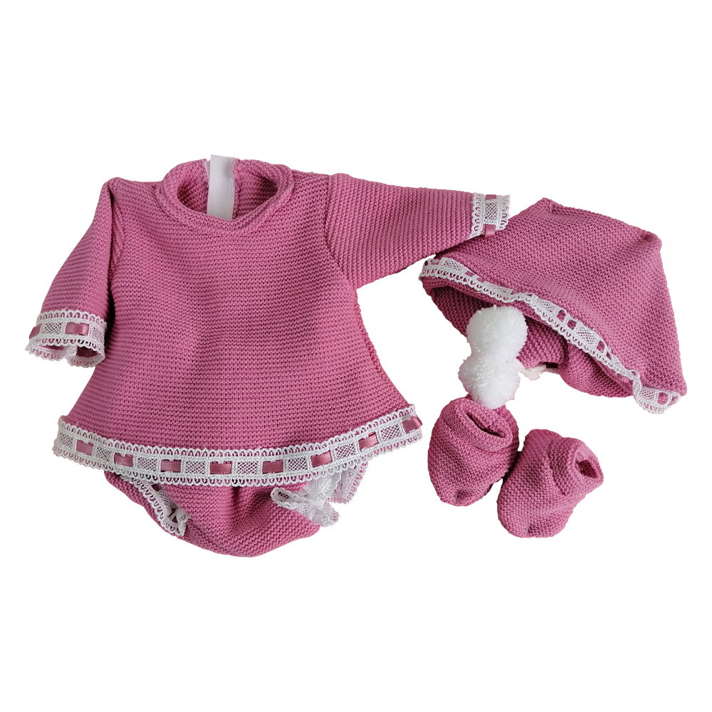 VESTIDO CON PAÑAL GORRO CALCETIN  ROSA OSCURO 40 CM