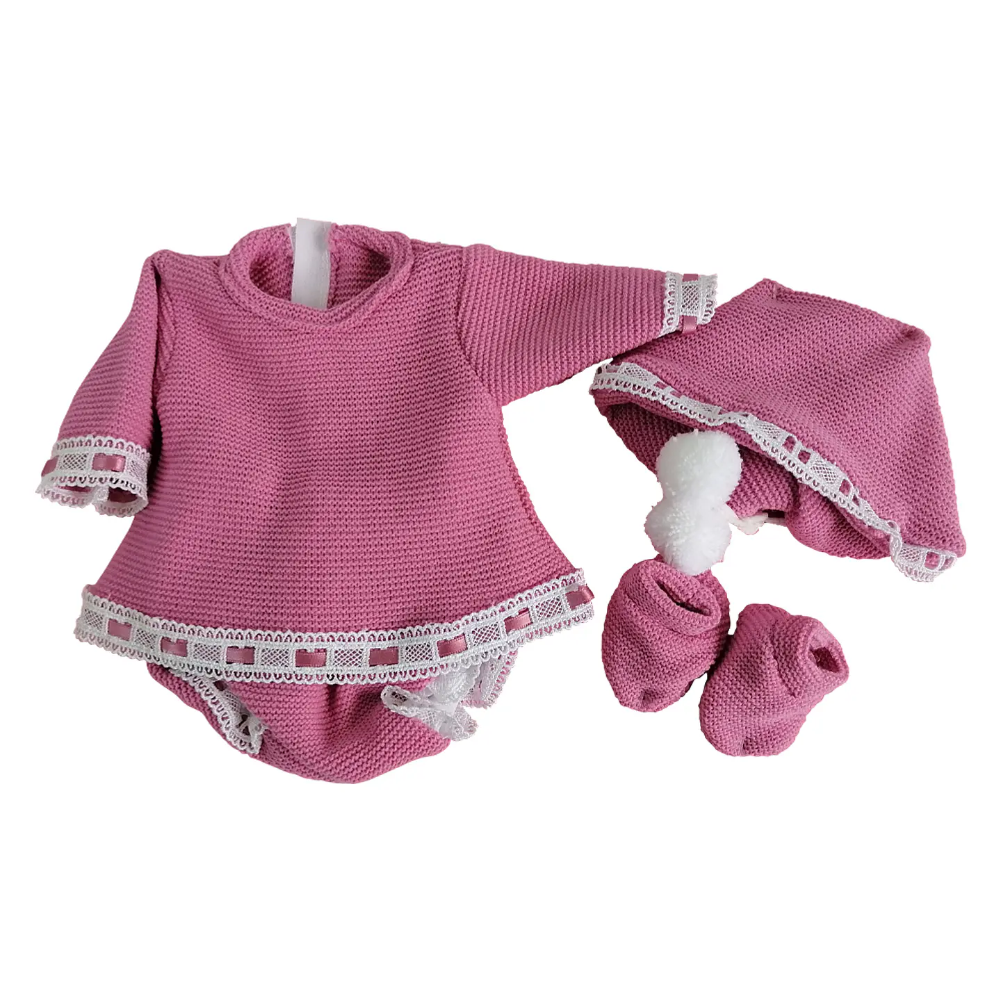 VESTIDO CON PAÑAL GORRO CALCETIN  ROSA OSCURO 40 CM 1