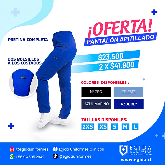 Pantalon Elasticado Apitillado Antifluido Azul Rey