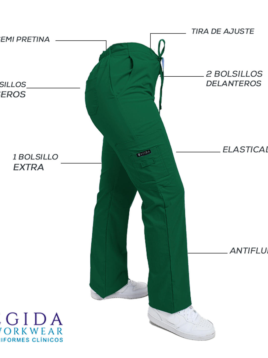 Pantalon Modelo Cargo Elasticado Antifluido Verde Botella 2