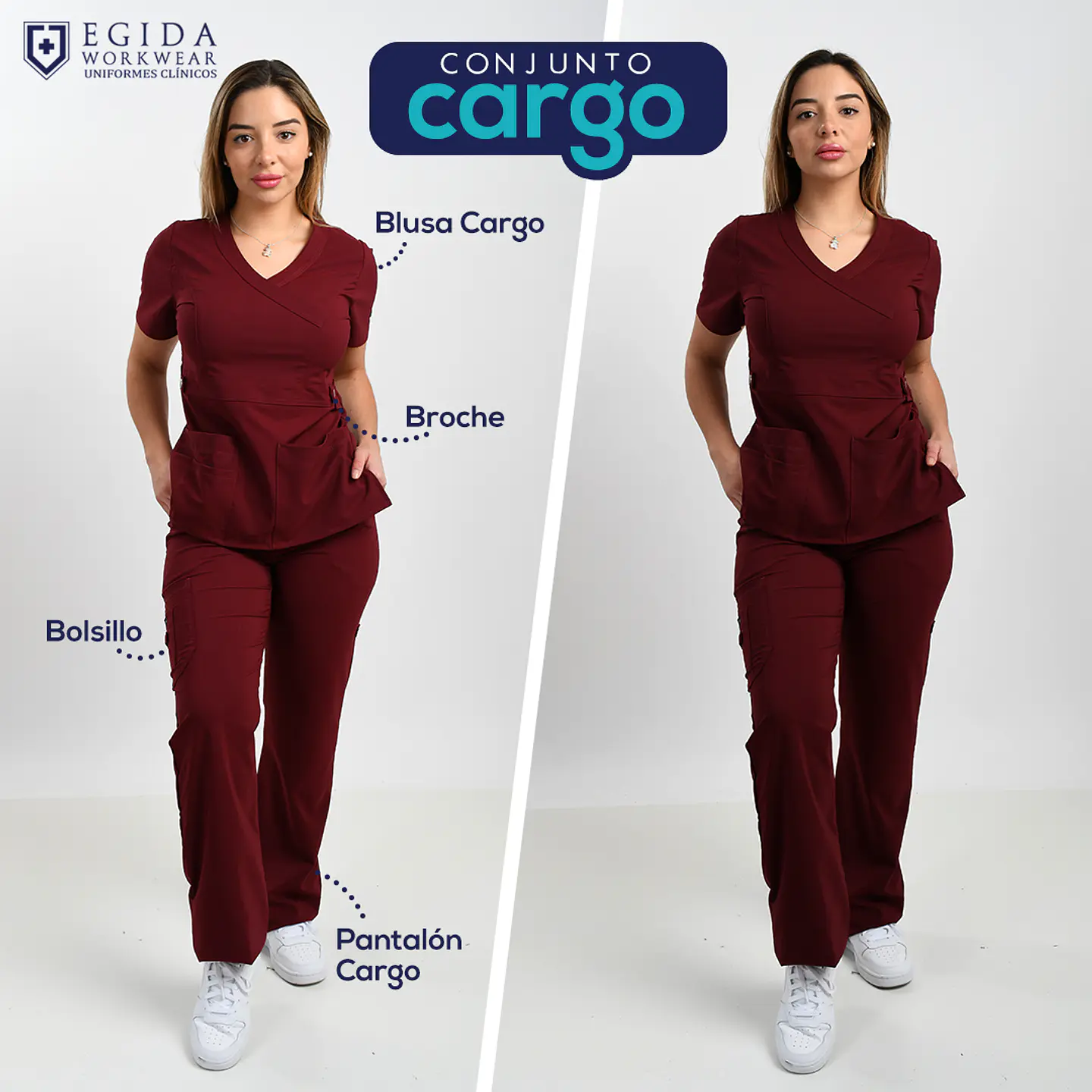 Pantalón Clínico para Mujer Modelo Cargo Antifluido Elasticado Burdeo 8