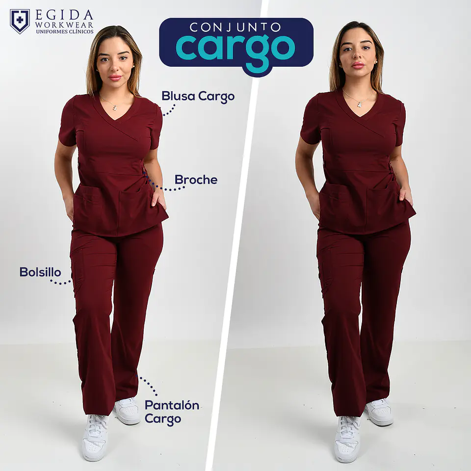 Pantalón Clínico para Mujer Modelo Cargo Antifluido Elasticado Burdeo 8