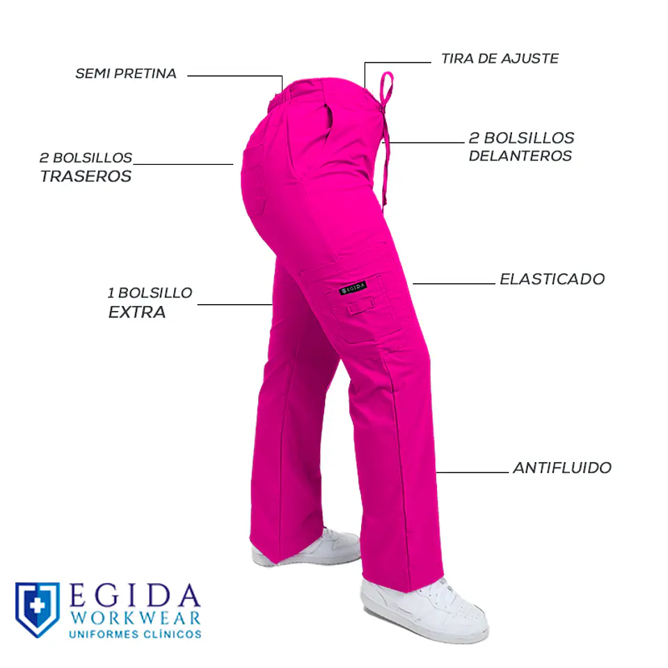 Pantalón Clínico para Mujer Modelo Cargo Antifluido Elasticado Fucsia 6