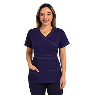 Blusa Clínica Mujer Cuello Cruzado Morada con Costuras en Contraste
