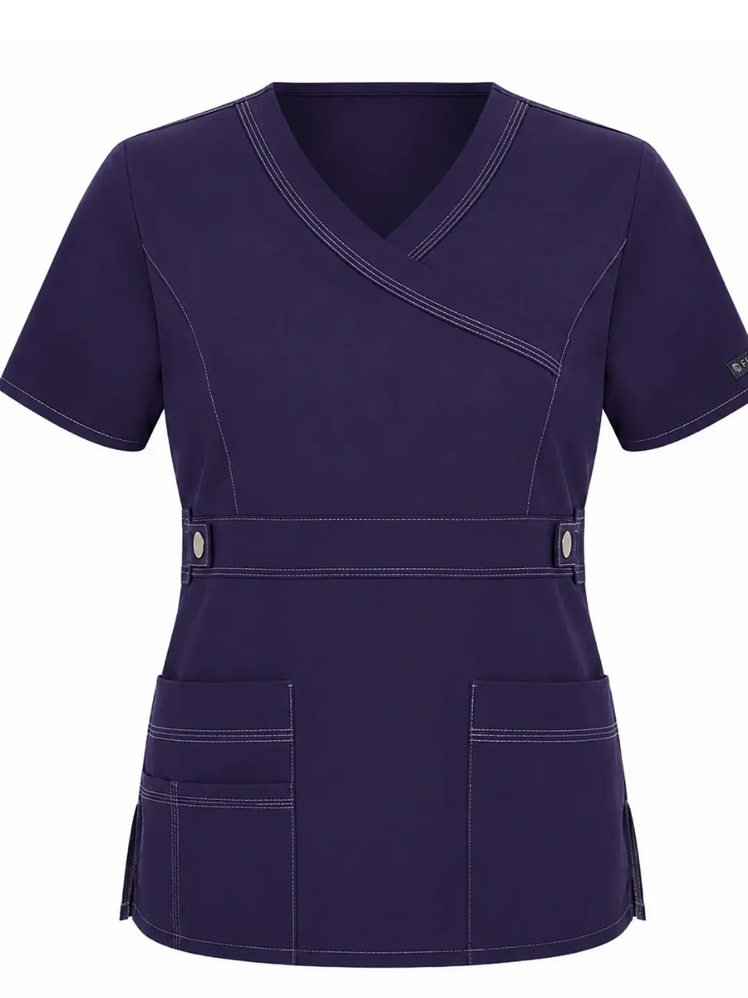 Blusa Clínica Mujer Cuello Cruzado Morada con Costuras en Contraste 3