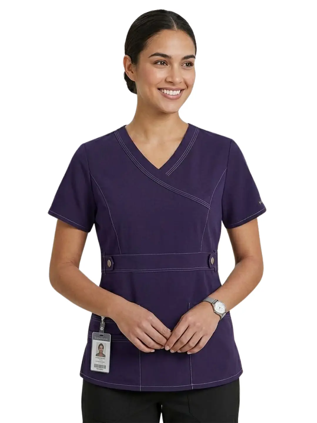 Blusa Clínica Mujer Cuello Cruzado Morada con Costuras en Contraste 2