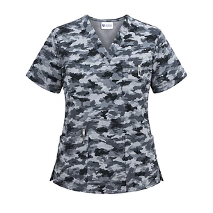 Polera Clínica Antifluido Hombre Estampado Camuflaje Gris