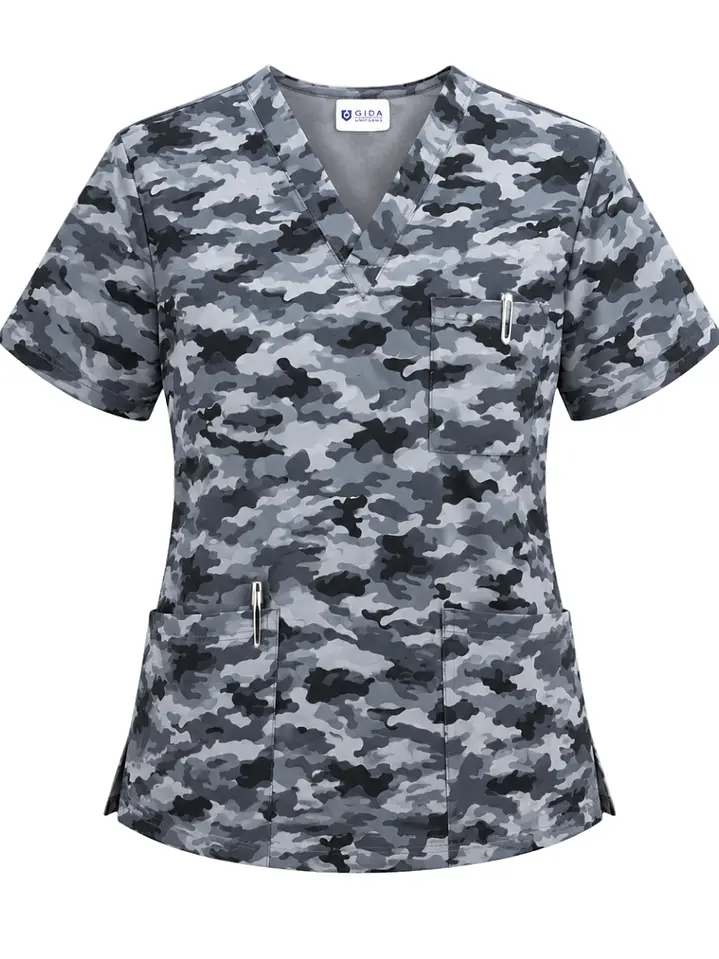 Polera Clínica Antifluido Hombre Estampado Camuflaje Gris 1