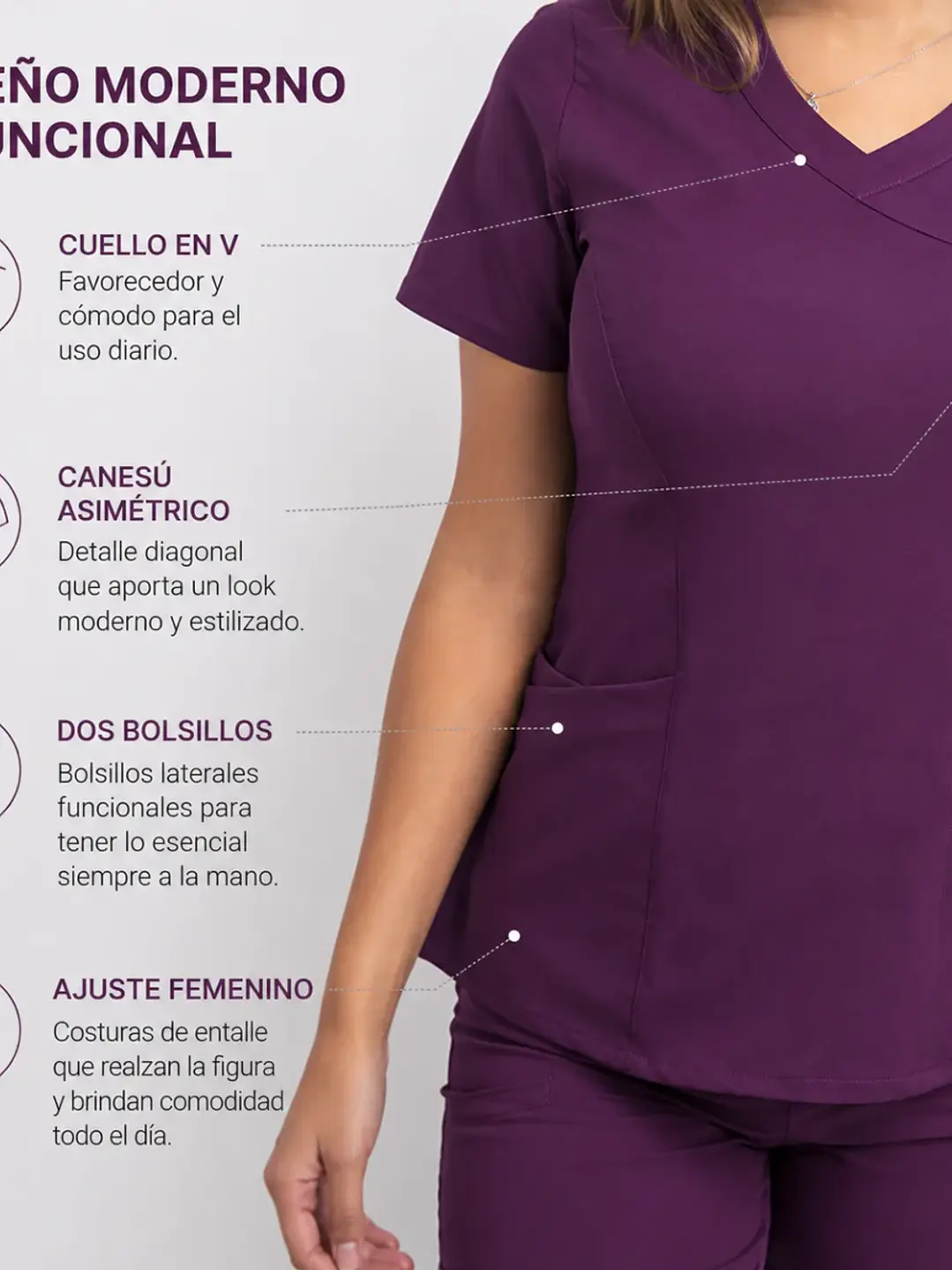 Blusa Clínica Mujer Burdeo con Corte Asimétrico | Modelo Aurora 2