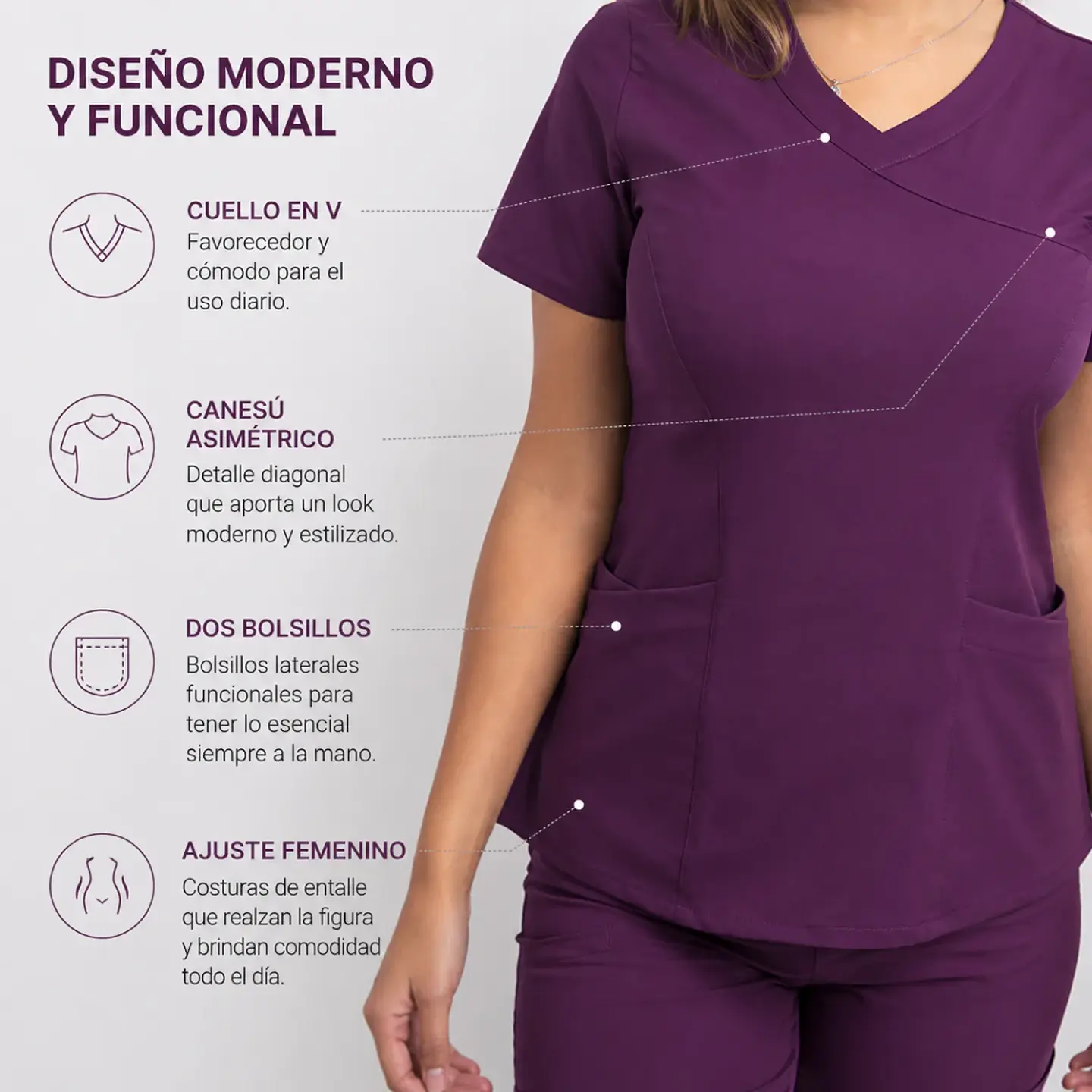 Blusa Clínica Mujer Burdeo con Corte Asimétrico | Modelo Aurora 2