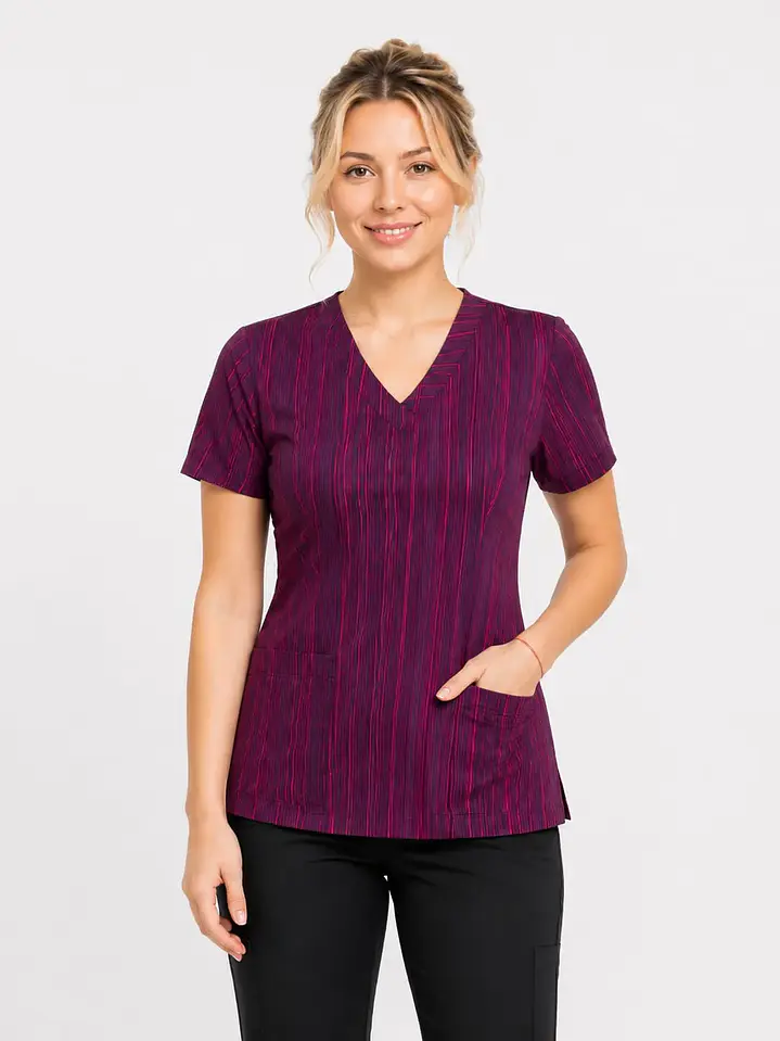 Blusa Clínica Estampada Burdeo Jaspeada con Tonos Rojos – Comodidad y Estilo para tu Jornada 1