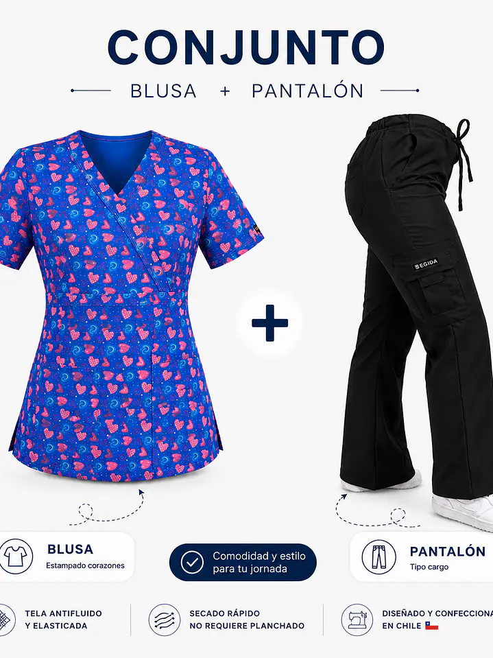 ​Conjunto Clínico Mujer - Blusa Estampada Corazones Azul Rey & Pantalón Cargo Negro 2