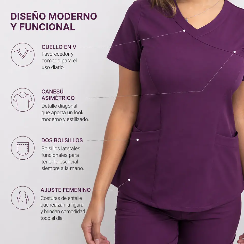 Blusa Clínica Mujer Morado con Corte Asimétrico | Modelo Aurora 3
