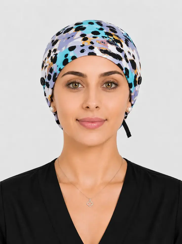 Gorro Quirúrgico con Botones para Mascarilla - Diseño Animal Print Turquesa 2