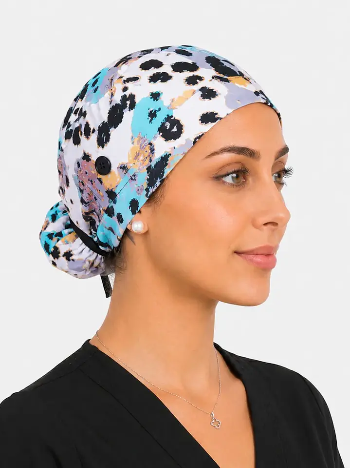 Gorro Quirúrgico con Botones para Mascarilla - Diseño Animal Print Turquesa 3