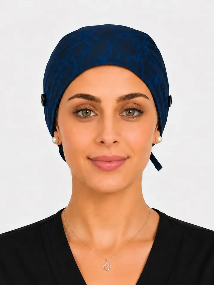 Gorro Clínico con Botones para Mascarilla - Azul Marino Texturizado 2