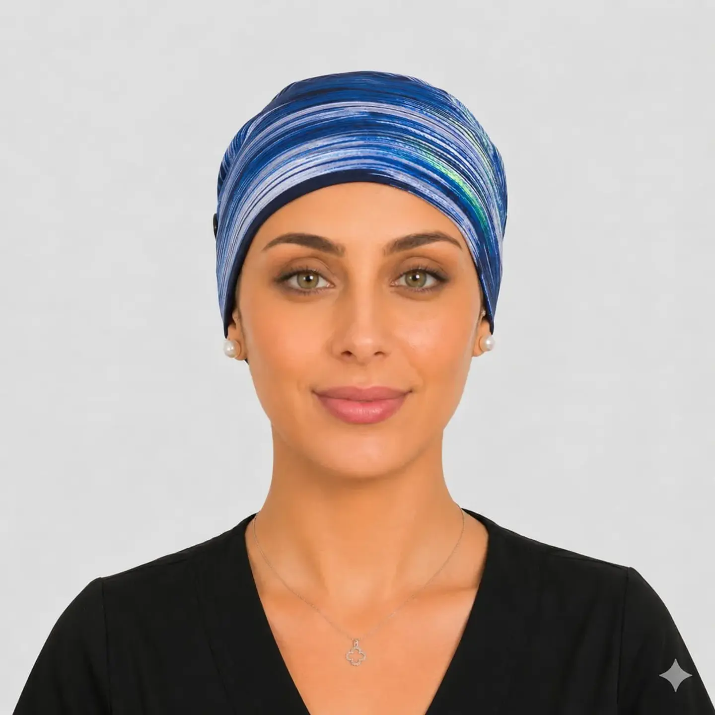 Gorro Clínico con Botones para Mascarilla - Azul Líneas Abstractas 2