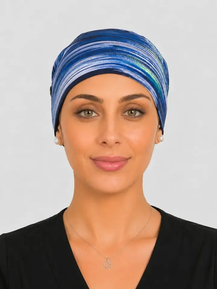 Gorro Clínico con Botones para Mascarilla - Azul Líneas Abstractas 2