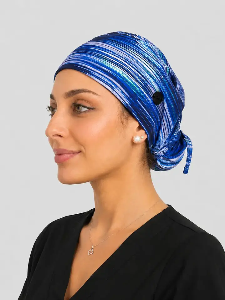 Gorro Clínico con Botones para Mascarilla - Azul Líneas Abstractas 1