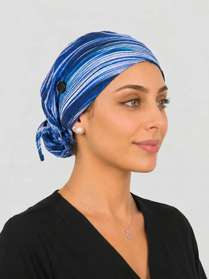 Gorro Clínico con Botones para Mascarilla - Azul Líneas Abstractas 3