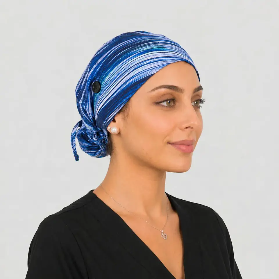 Gorro Clínico con Botones para Mascarilla - Azul Líneas Abstractas 3