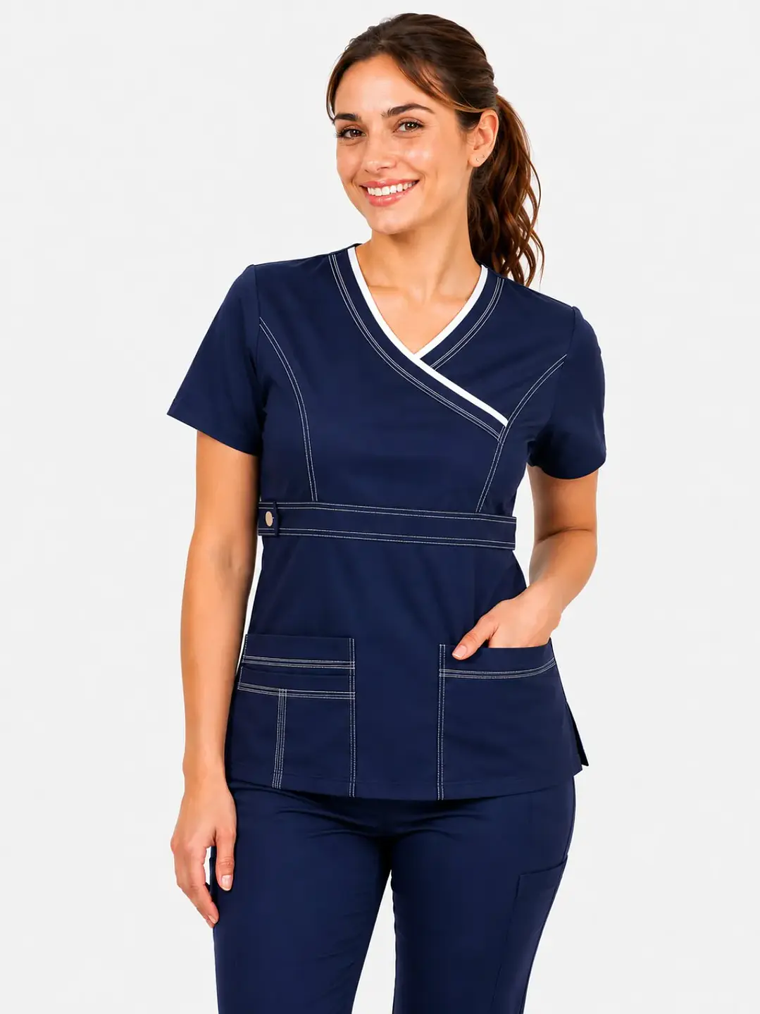 Blusa Clínica Modelo Cargo Poplin Azul Marino - Uniformes clínicos Égida Chile