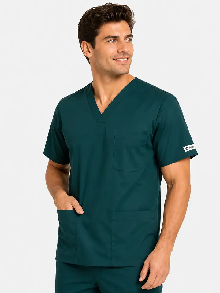 Polera Clínica Cargo Hombre Poplin  Verde Botella 1