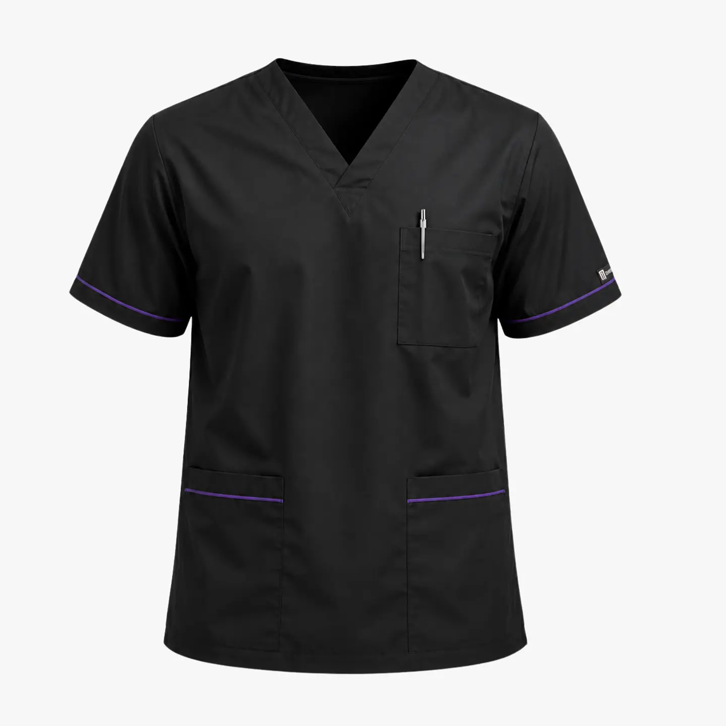 Polera Clínica Cargo Hombre Negro con Aplicación Morada | Med Comfort Flex 4