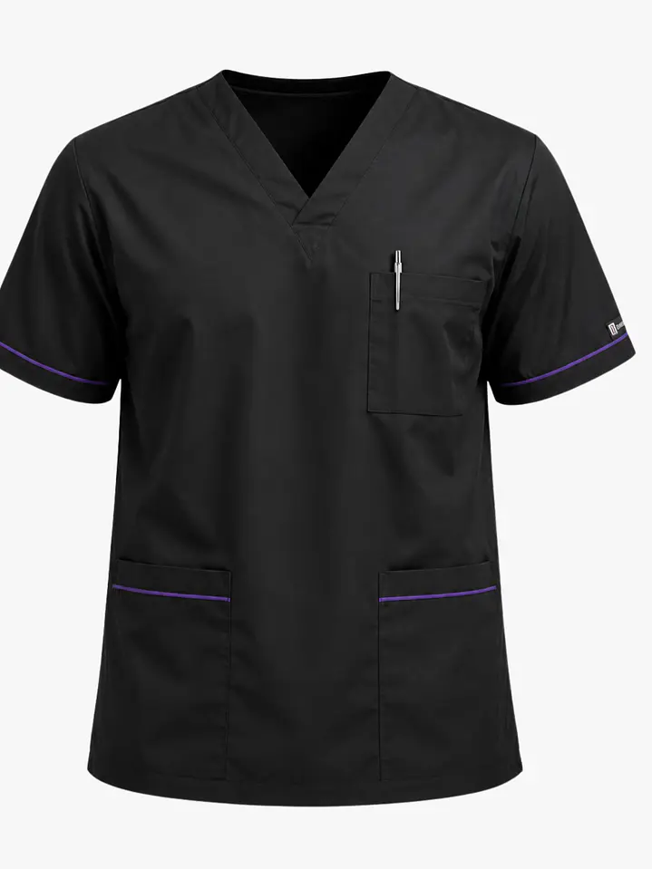 Polera Clínica Cargo Hombre Negro con Aplicación Morada | Med Comfort Flex 4