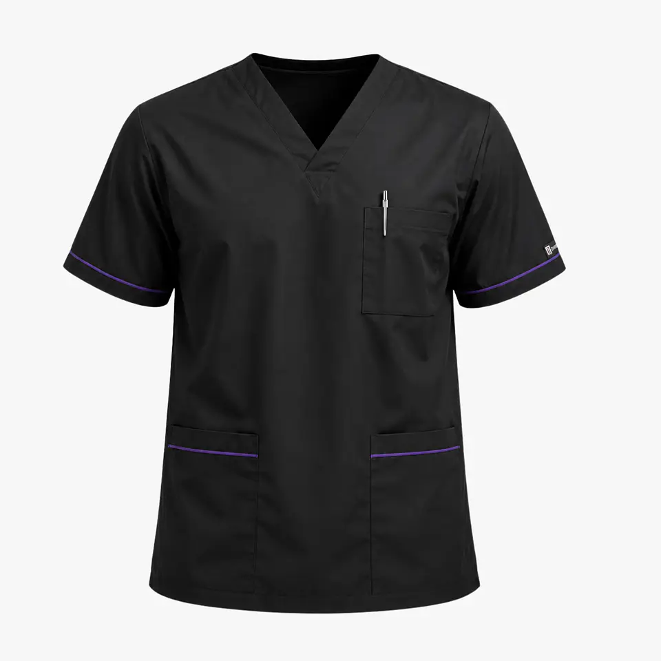 Polera Clínica Cargo Hombre Negro con Aplicación Morada | Med Comfort Flex 4
