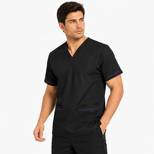 Polera Clínica Cargo Hombre Negro con Aplicación Morada | Med Comfort Flex