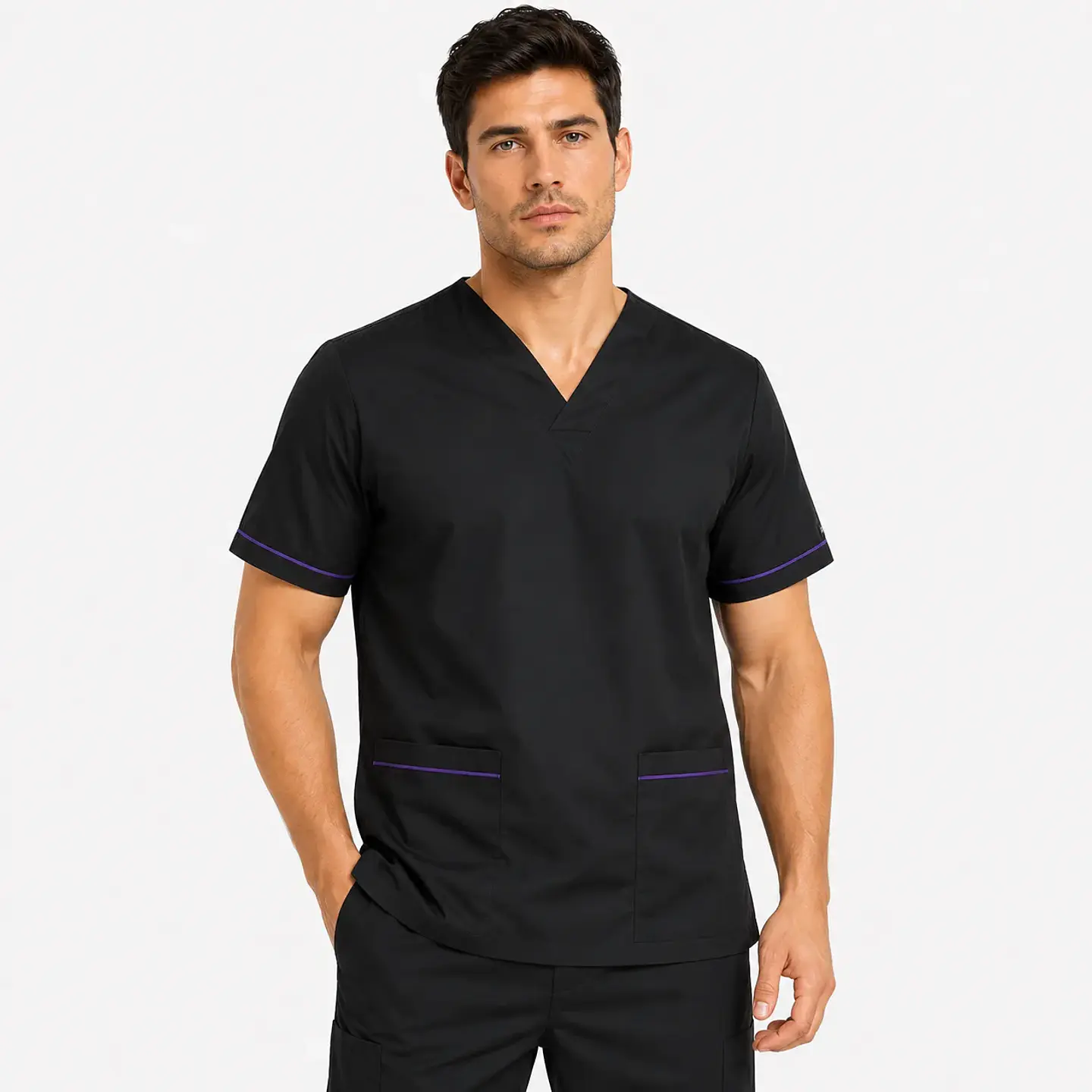 Polera Clínica Cargo Hombre Negro con Aplicación Morada | Med Comfort Flex 2