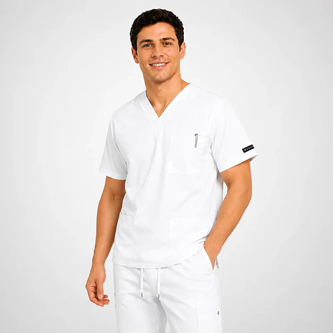 Polera Médica Cargo Hombre Cuello en V Antifluido Blanco | Egida