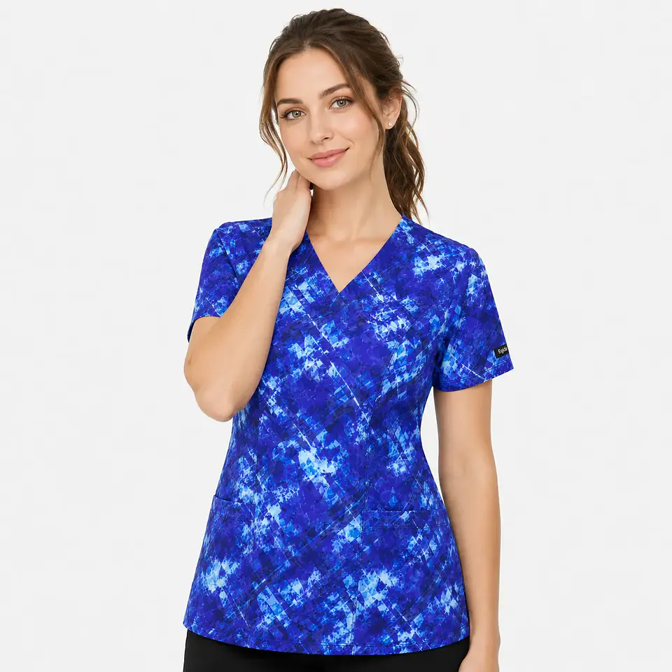 Blusa Médica Estampada Pincelada Azul Mujer 2