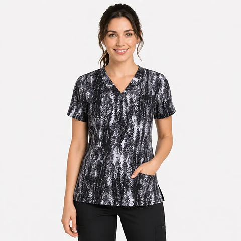 Blusa Médica Estampada Bosque Ceniza Negro Gris Mujer 
