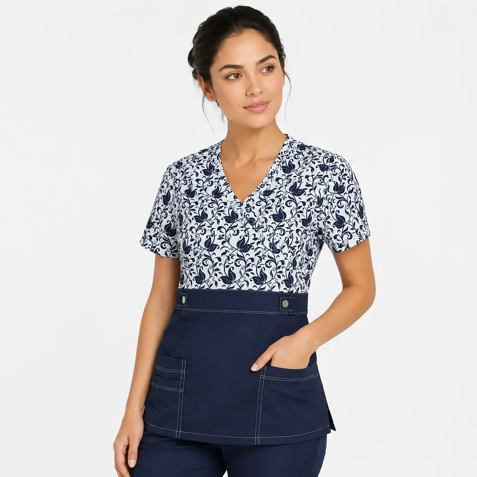 Blusa Clínica Cargo Azul Marino Torso Estampado Poplin - Enfermeras 1