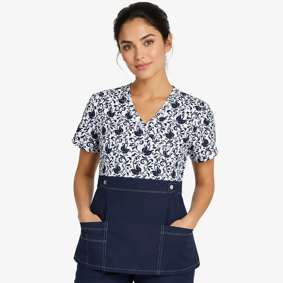 Blusa Clínica Cargo Azul Marino Torso Estampado Poplin - Enfermeras 3