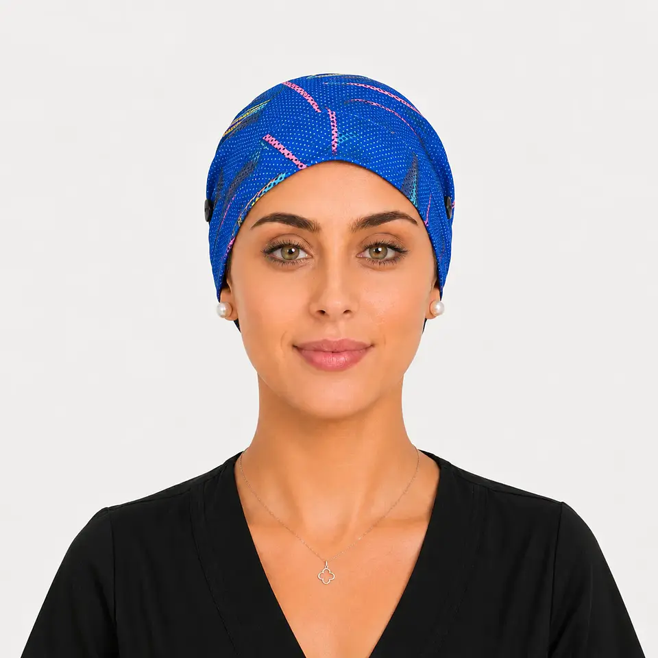 Gorro Clínico Estampado Pincelada Azul con Botones 3