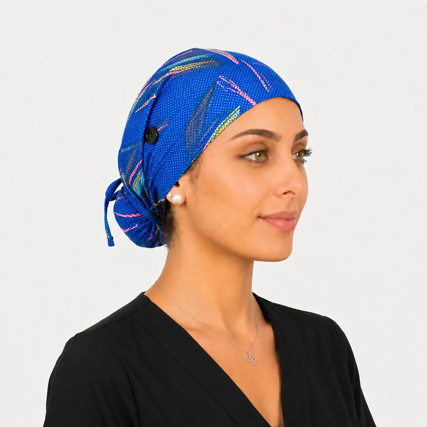 Gorro Clínico Estampado Pincelada Azul con Botones 2