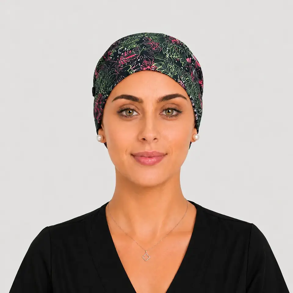 Gorro Clínico con Botones para Mascarilla - Diseño Jardín Botánico 3