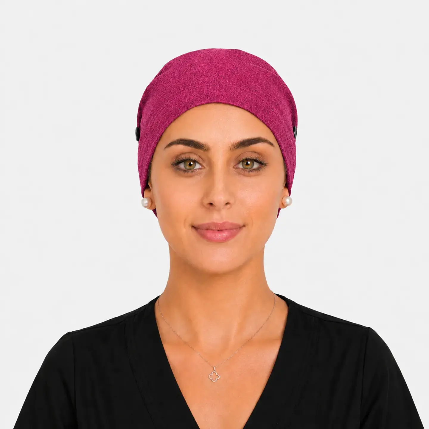 Gorro Clínico con Botones para Mascarilla - Diseño Ciruela Jaspe 2
