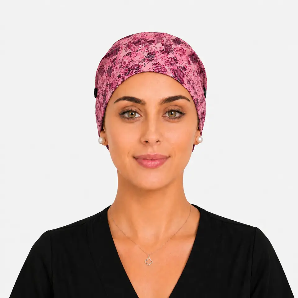 Gorro Clínico con Botones para Mascarilla - Diseño Rosa Pixel 2