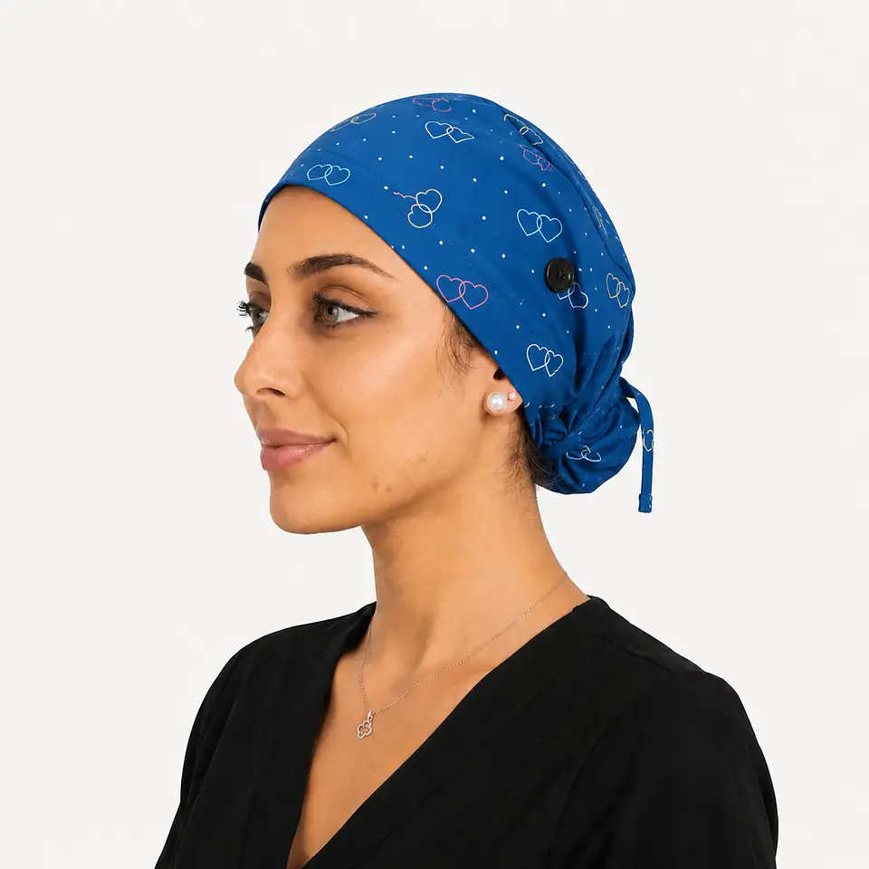 Gorro Clínico con Botones para Mascarilla - Diseño Vínculo de Corazones 1