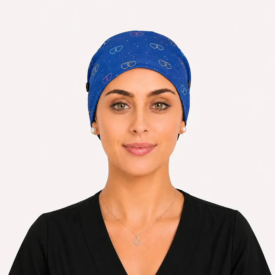 Gorro Clínico con Botones para Mascarilla - Diseño Vínculo de Corazones 3