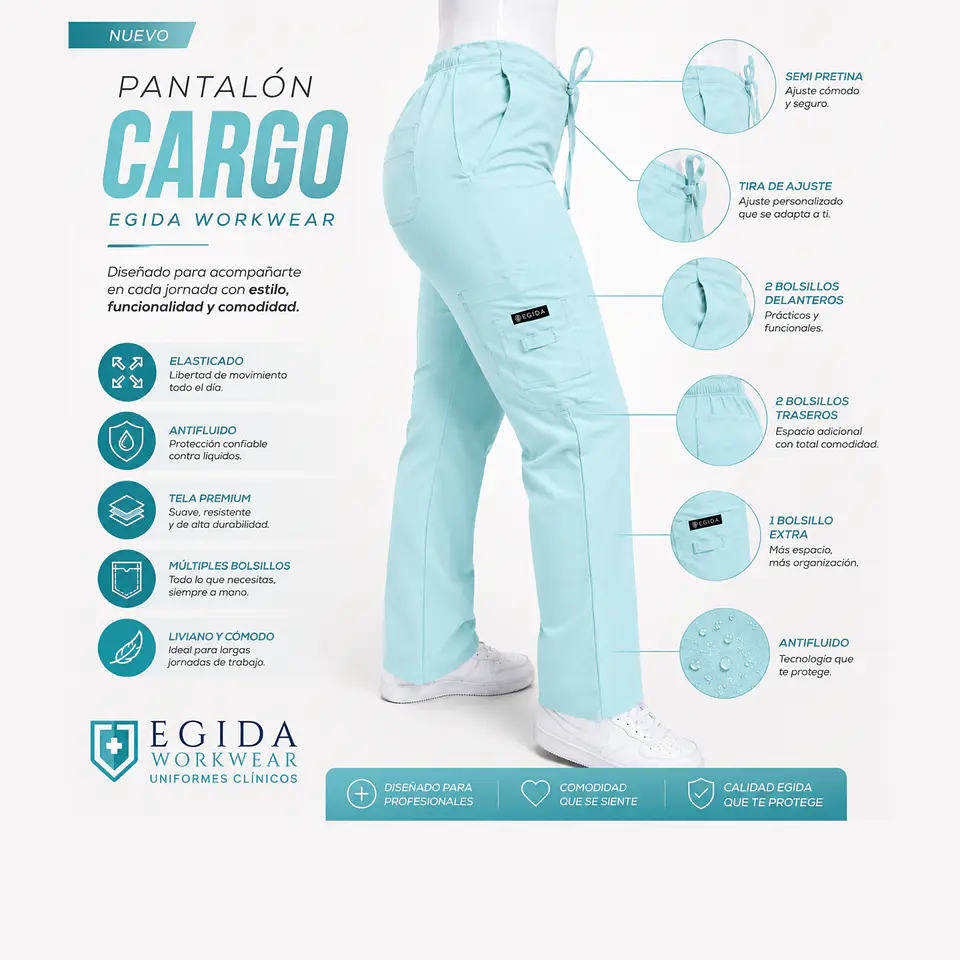 Pantalón Clínico para Mujer Modelo Cargo Antifluido Elasticado Menta 6