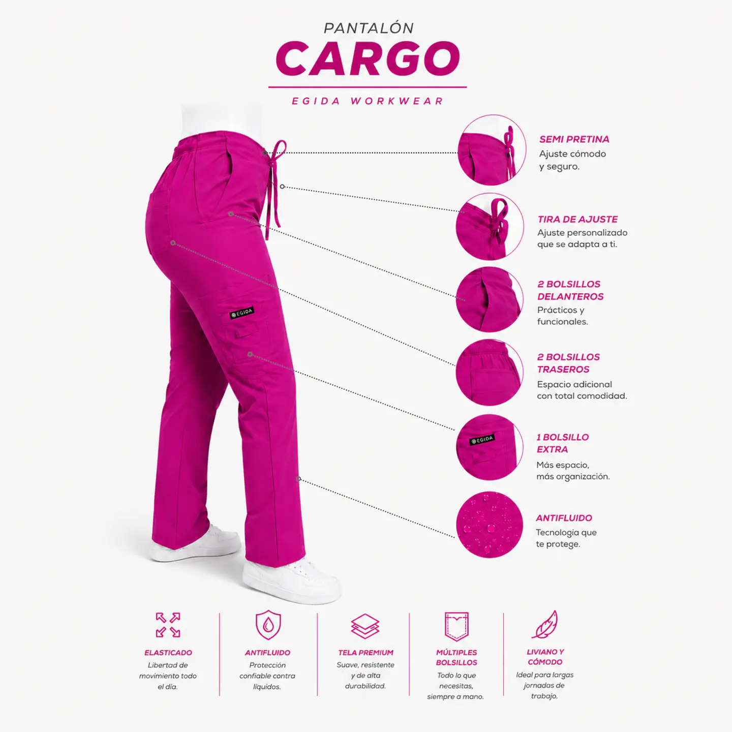 Pantalón Clínico para Mujer Modelo Cargo Antifluido Elasticado Fucsia 7