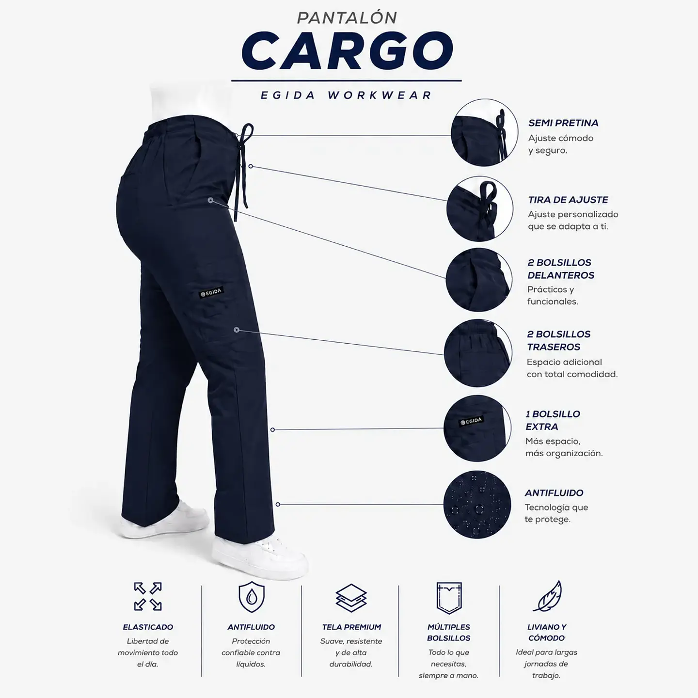 Pantalón Clínico para Mujer Modelo Cargo Antifluido Elasticado Azul Marino 6