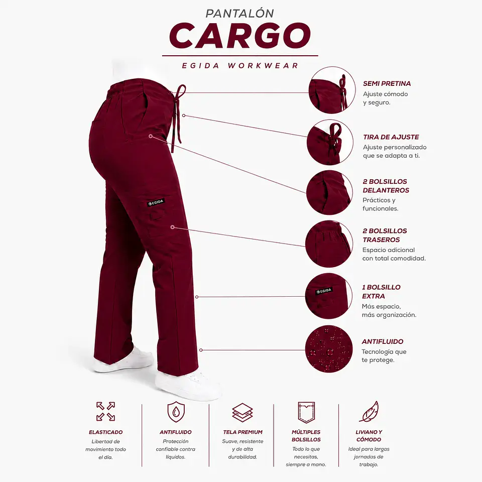 Pantalón Clínico para Mujer Modelo Cargo Antifluido Elasticado Burdeo 6